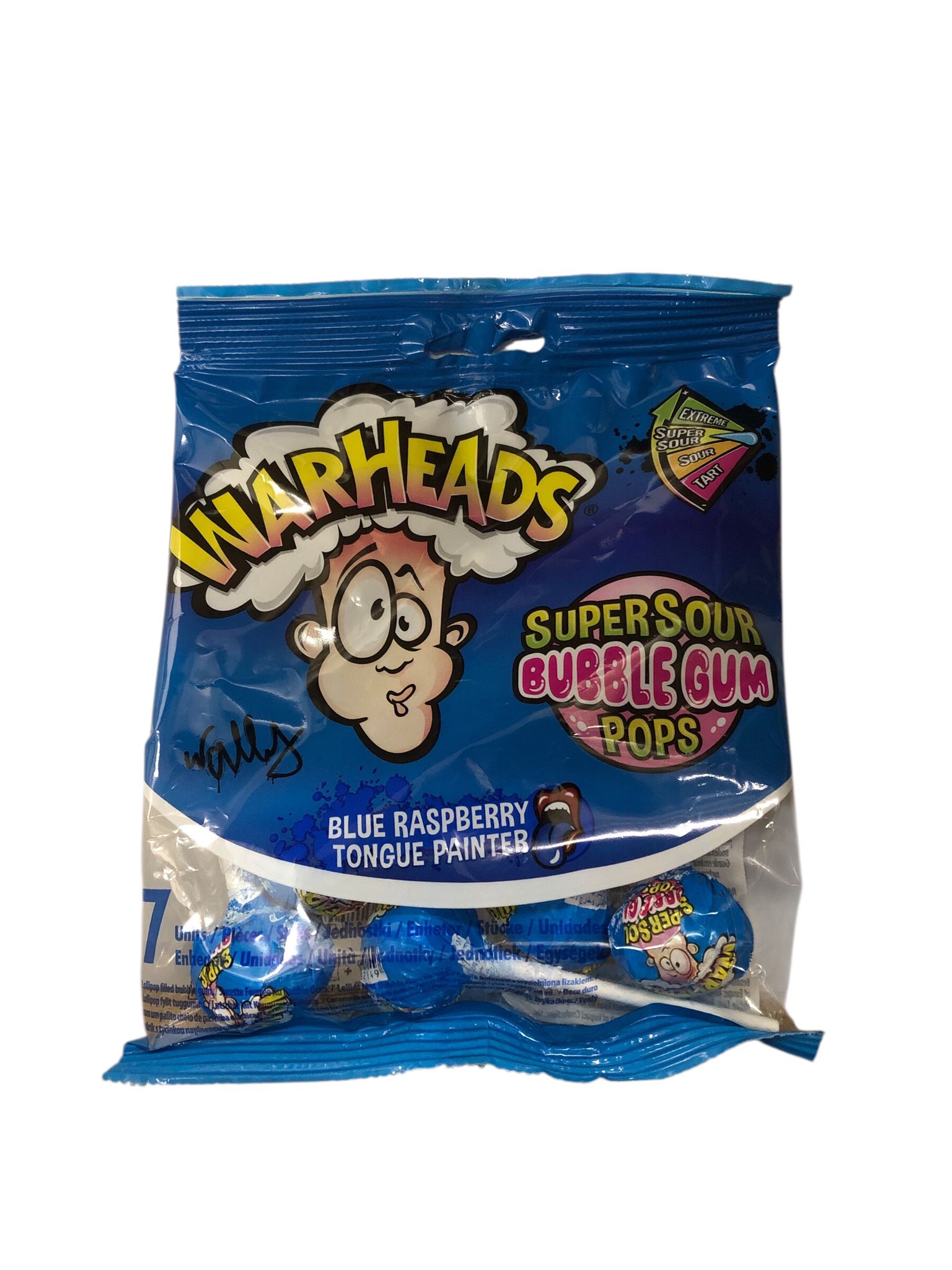 Warheads Blue Raspberry Super Sour Bubblegum Pops 105g - Lutscher